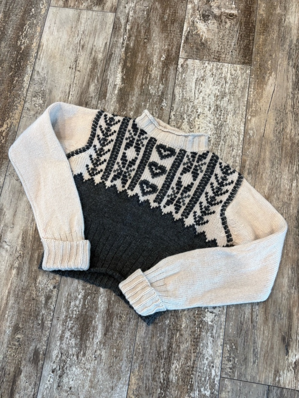 Express Cropped Fair Isle Turtleneck Sweater in Cream and Charcoal